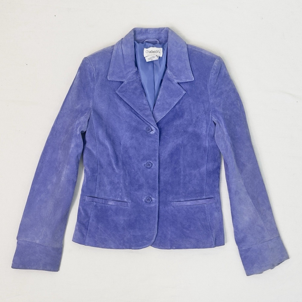 VTG Y2K 90's Suede Leather Periwinkle Blue Button Down Boho Jacket Blazer S